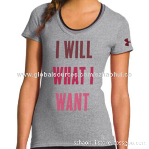 Women's V-neck T-shirt with Printing Decoration, Made of 100% Cotton with Lycra, OEM Service Offered